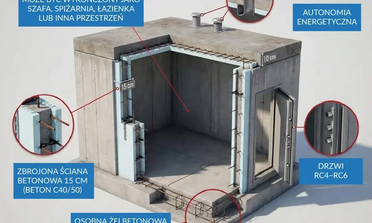 Schron przydomowy z zbrojonymi ścianami betonowymi, wentylacją i drzwiami RC4-RC6. Może służyć jako schowek lub pomieszczenie gospodarcze.