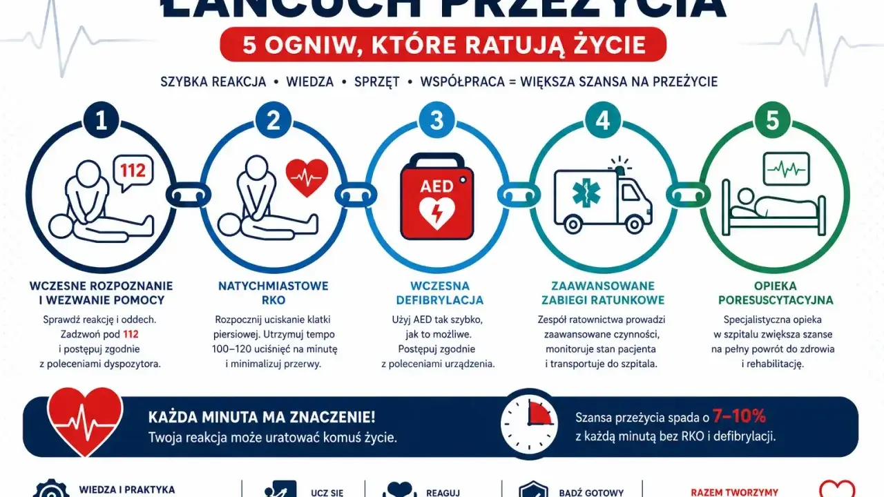 Pięć ogniw łańcucha ratunkowego: rozpoznanie, RKO, AED, zaawansowane zabiegi ratunkowe i opieka poresuscytacyjna. Każda minuta się liczy!