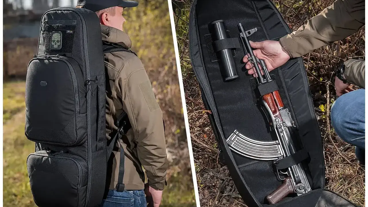 Czarna torba taktyczna z karabinem AK-47 w środku. Idealna do przenoszenia sprzętu w trudnych warunkach.