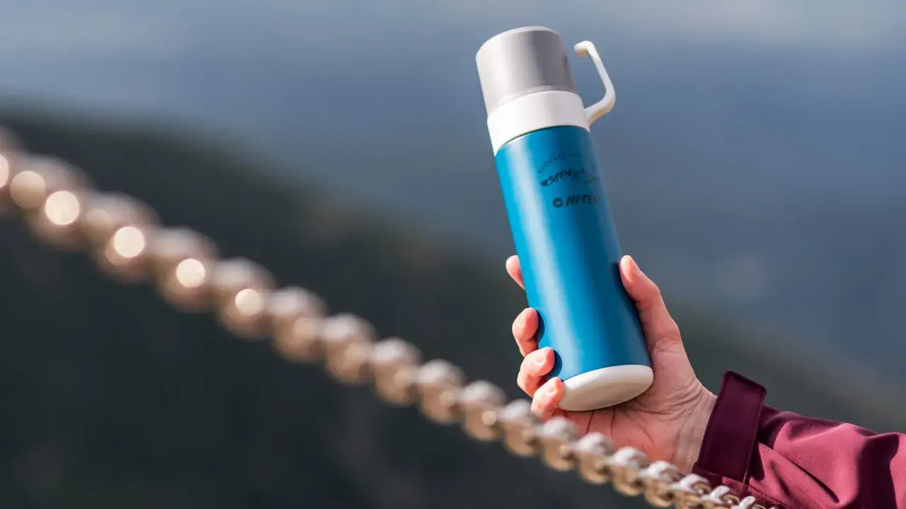 Idealny termos w góry – niebieski Hi-Tec z napisem "Mountains are calling". Idealny towarzysz każdej wyprawy.