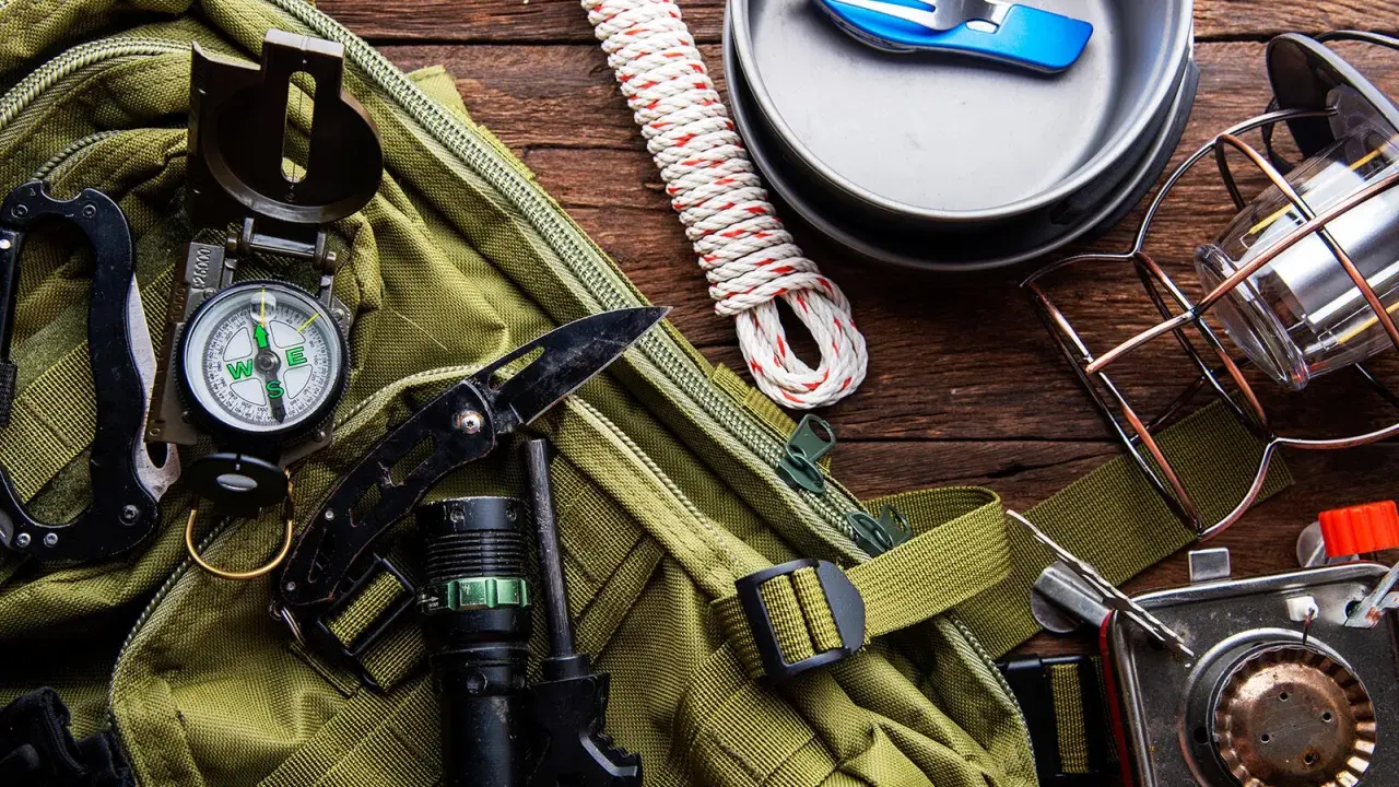 Gotowy **zestaw survivalowy**: plecak, kompas, nóż, latarka, krzesiwo, lina, kuchenka turystyczna, menażka i sztućce.