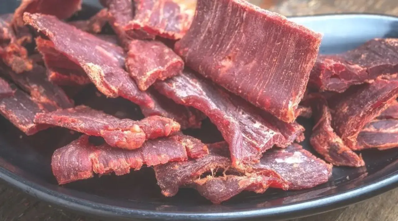 Suszone plastry wołowiny na czarnym talerzu. Idealne do przekąski, gdy szukasz prostego beef jerky przepis.