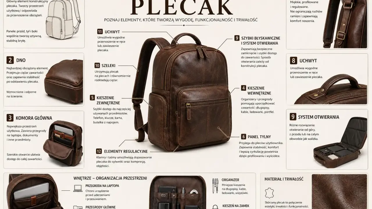 Skórzany plecak z licznymi kieszeniami i organizerem. Elementy plecaka: korpus, dno, komora główna, szelki, uchwyty, system otwierania.