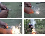 Użycie krzesiwa magnezowego do rozpalenia ogniska w lesie. Iskry sypią się, gdy metalowy pręt jest pocierany.