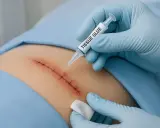Rękawiczki chirurgiczne aplikują klej na rany na świeżą bliznę pooperacyjną.