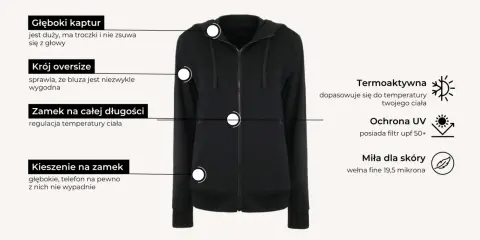 Czarna bluza z kapturem husky, oversize, z zamkiem na całej długości i głębokimi kieszeniami. Idealna na chłodne dni.