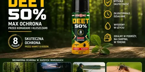 Spray DEET 50% to max ochrona przed komarami i kleszczami, działający do 8 godzin. Idealny na wycieczki, camping i wędkowanie.