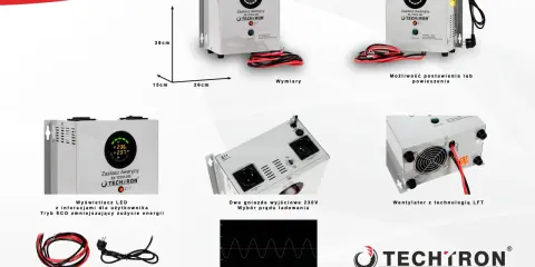 Domowy UPS Techtron ZA-TECH-300 z wyświetlaczem LED, dwoma gniazdami 230V i wentylatorem. Idealny do zabezpieczenia sprzętu.