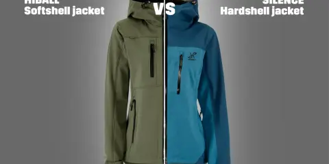 Zielona kurtka softshell i niebieska kurtka hardshell, obie z kapturem i zamkami, porównane obok siebie.