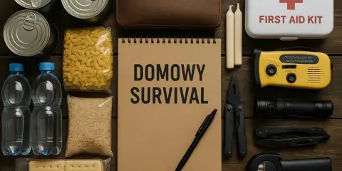 Zestaw do domowego survivalu: konserwy, makaron, ryż, woda, ciastka, apteczka, radio, latarka, scyzoryk, świece i notes.
