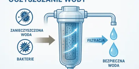 Schemat pokazuje proces uzdatniania wody pitnej. Zanieczyszczona woda z bakteriami przechodzi przez filtr, gdzie następuje filtracja, a na końcu otrzymujemy bezpieczną wodę.