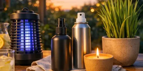 Wieczorny relaks na tarasie: lampa UV, spray, świeca i napój. Skuteczne środki, co odstrasza komary w nocy, zapewniają spokój.