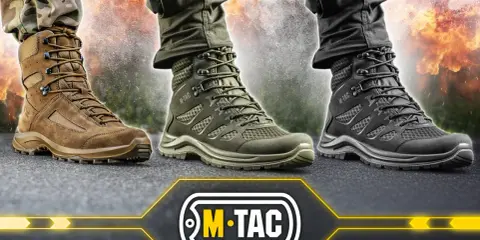 Trzy pary solidnych, dobre buty taktyczne M-Tac w kolorach: brązowym, oliwkowym i czarnym, na tle płomieni.