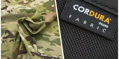 Dwa rodzaje materiału: jeden w kamuflażu, drugi czarny z widocznym logo CORDURA FABRIC.