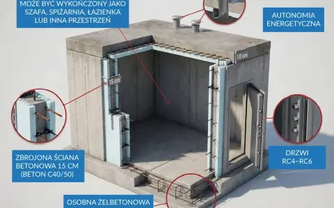 Schron przydomowy z zbrojonymi ścianami betonowymi, wentylacją i drzwiami RC4-RC6. Może służyć jako schowek lub pomieszczenie gospodarcze.