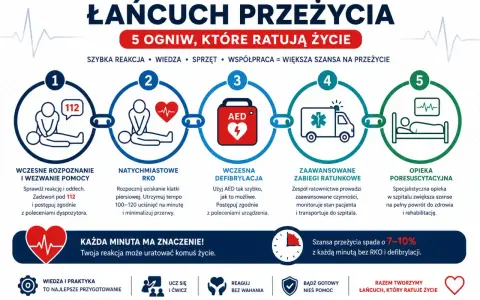 Pięć ogniw łańcucha ratunkowego: rozpoznanie, RKO, AED, zaawansowane zabiegi ratunkowe i opieka poresuscytacyjna. Każda minuta się liczy!