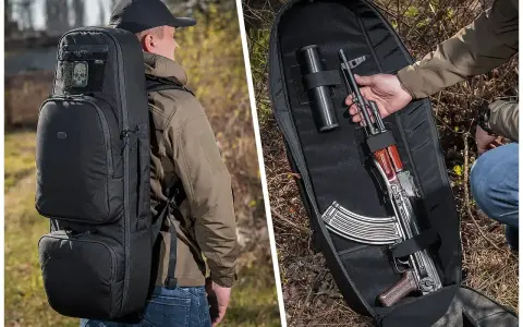Czarna torba taktyczna z karabinem AK-47 w środku. Idealna do przenoszenia sprzętu w trudnych warunkach.