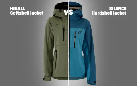 Zielona kurtka softshell i niebieska kurtka hardshell, obie z kapturem i zamkami, porównane obok siebie.