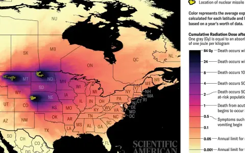 Mapa USA i Kanady z zaznaczonymi obszarami o różnym natężeniu promieniowania, symulująca skutki wybuchu bomby atomowej.
