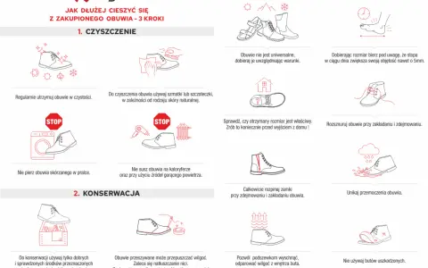 Regularnie czyść buty szmatką lub szczoteczką, by dłużej cieszyć się ich wyglądem. Unikaj prania i suszenia przy gorących źródłach.