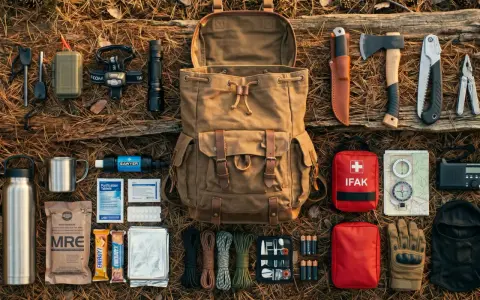 Preppers kto to? Zestaw survivalowy: plecak, nóż, siekiera, latarka, apteczka, mapa, kompas, racje żywnościowe, termos, filtr do wody, baterie.