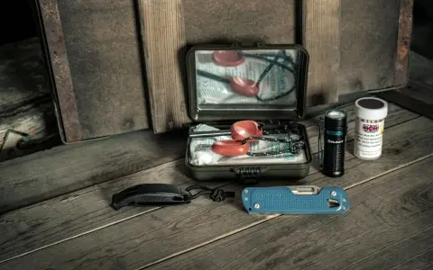 Niezbędny zestaw bushcraft sprzęt: krzesiwo, latarka, scyzoryk i apteczka. Gotowy na przygodę!