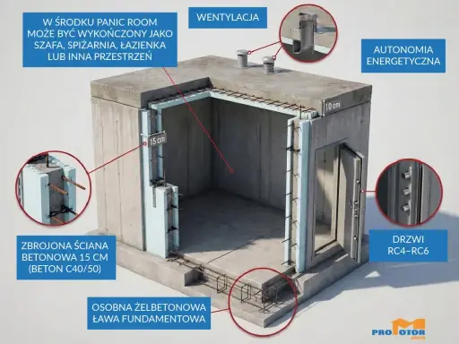 Schron przydomowy z zbrojonymi ścianami betonowymi, wentylacją i drzwiami RC4-RC6. Może służyć jako schowek lub pomieszczenie gospodarcze.