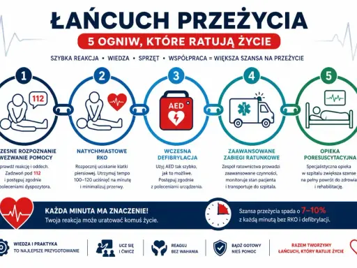 Pięć ogniw łańcucha ratunkowego: rozpoznanie, RKO, AED, zaawansowane zabiegi ratunkowe i opieka poresuscytacyjna. Każda minuta się liczy!