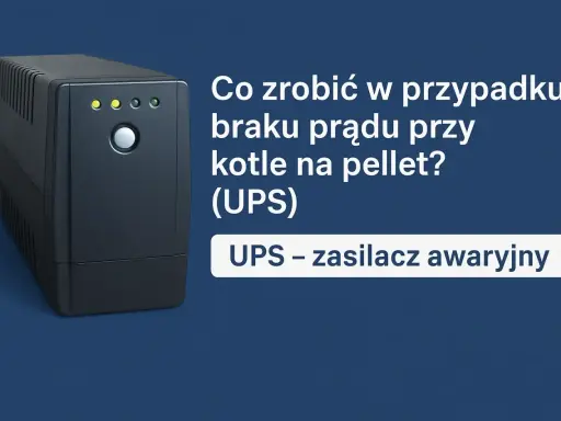Czarny UPS obok tekstu "Co zrobić w przypadku braku prądu przy kotle na pellet? (UPS) UPS – zasilacz awaryjny".