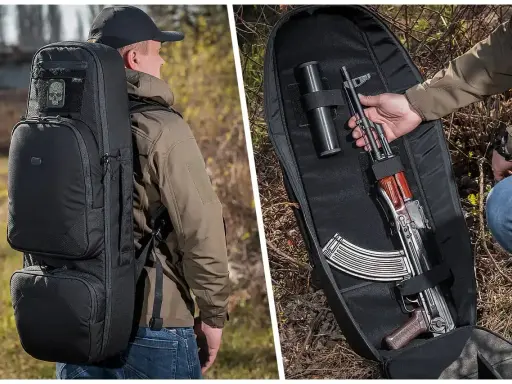 Czarna torba taktyczna z karabinem AK-47 w środku. Idealna do przenoszenia sprzętu w trudnych warunkach.
