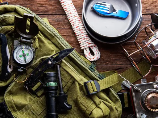 Gotowy **zestaw survivalowy**: plecak, kompas, nóż, latarka, krzesiwo, lina, kuchenka turystyczna, menażka i sztućce.