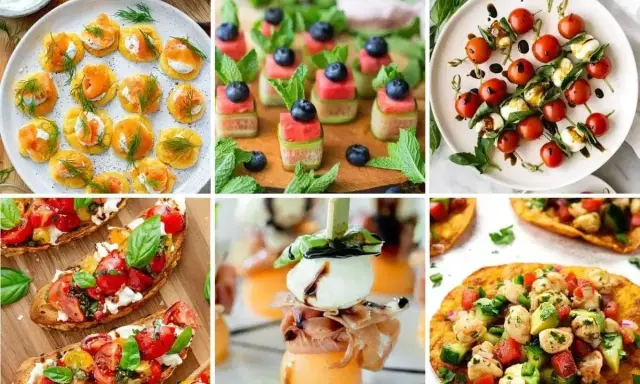 Idealne przekąski na ognisko: mini tartinki z łososiem, szaszłyki z arbuza i ogórka, caprese na patyku, bruschetty, melon z mozzarellą i szynką, quesadillas.
