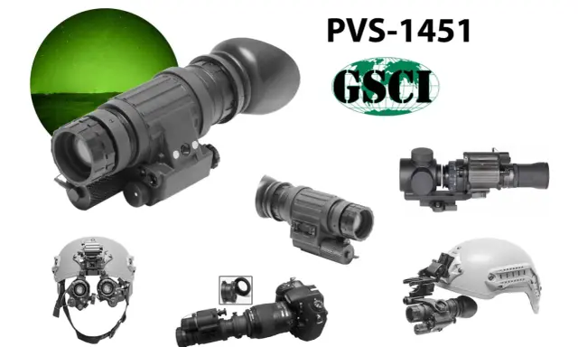 Noktowizor analogowy PVS-1451 od GSCI, pokazany z różnymi akcesoriami, w tym montażem na hełm i adapterem do aparatu.