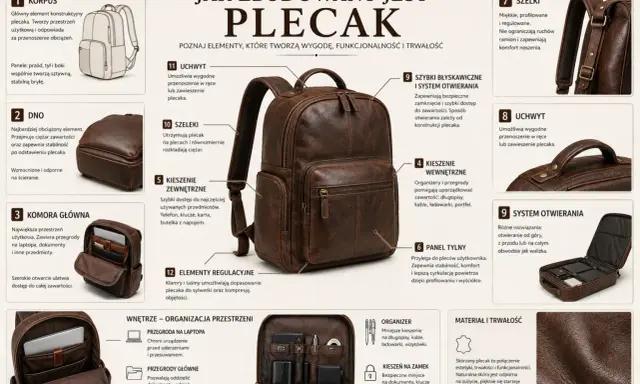 Skórzany plecak z licznymi kieszeniami i organizerem. Elementy plecaka: korpus, dno, komora główna, szelki, uchwyty, system otwierania.