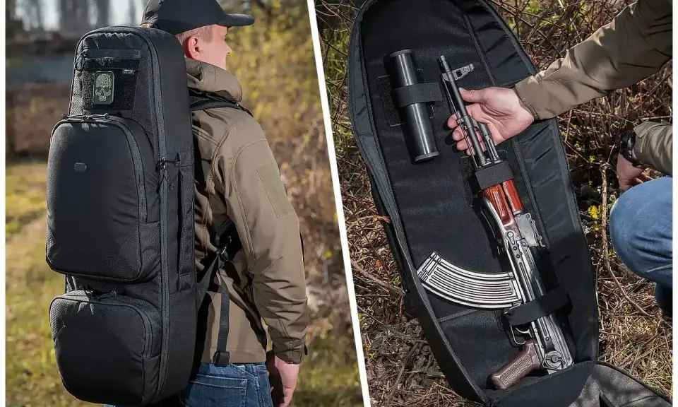 Czarna torba taktyczna z karabinem AK-47 w środku. Idealna do przenoszenia sprzętu w trudnych warunkach.