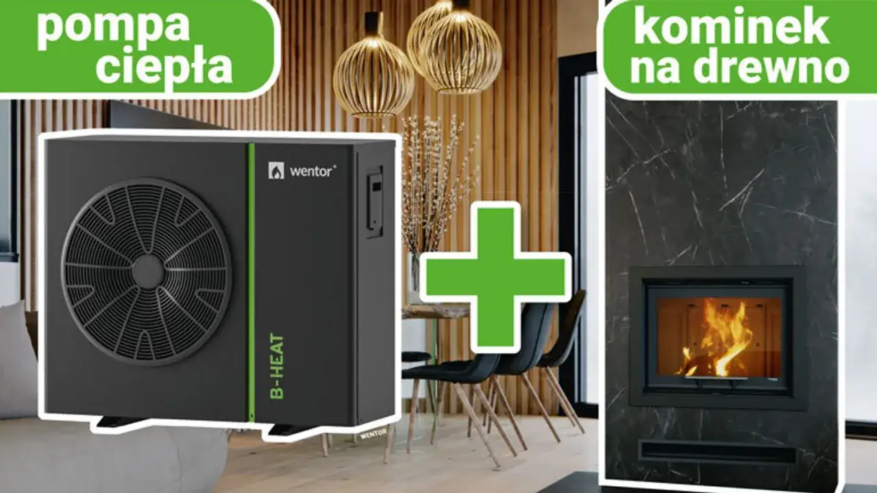 Dwa źródła ciepła w domu: nowoczesna pompa ciepła i stylowy kominek na drewno.
