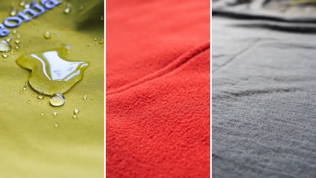 Trzy rodzaje tkanin: zielona, wodoodporna z logo, czerwona polarowa i szara, przypominająca cordura fabric.