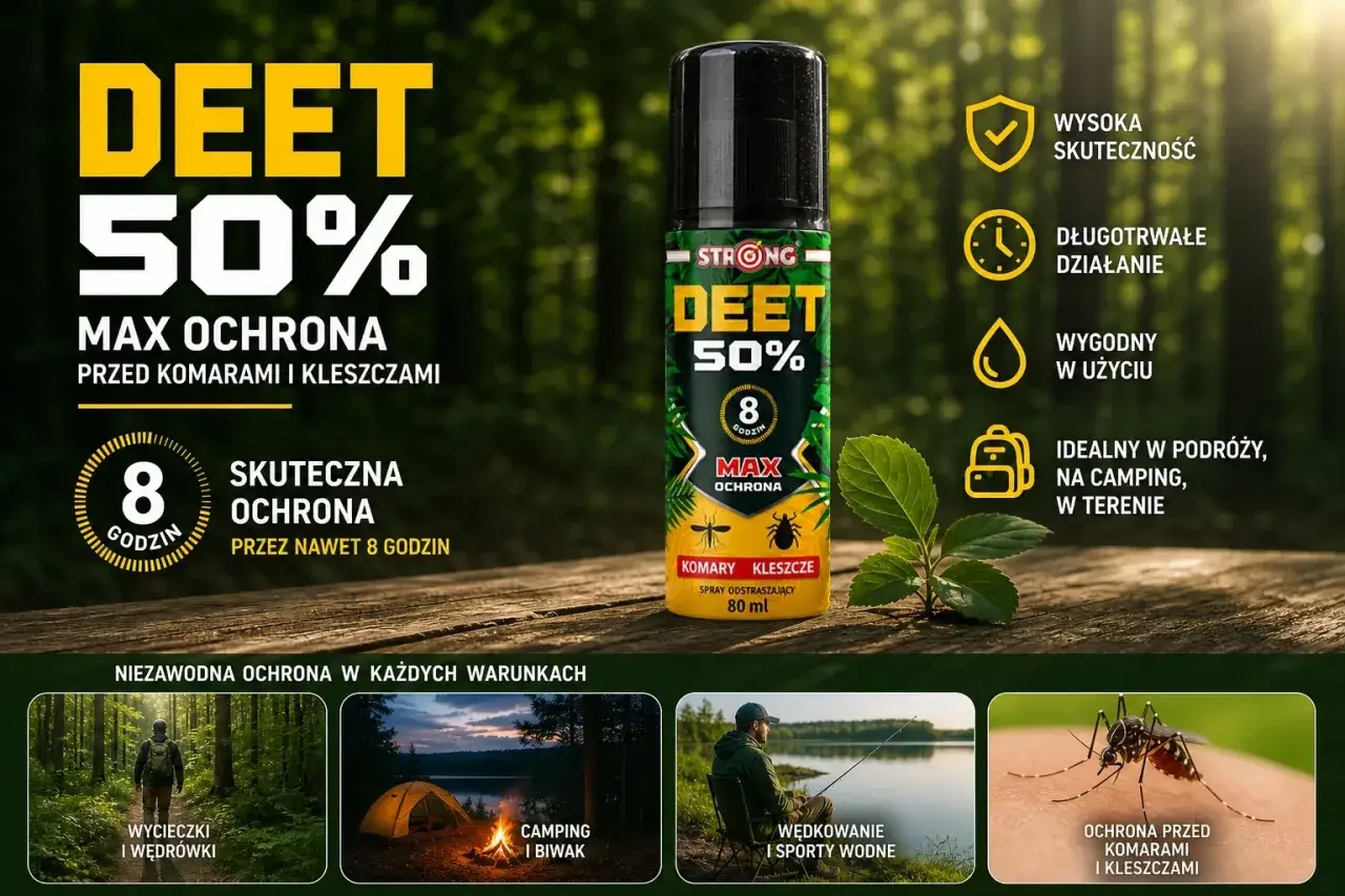 Jak pozbyć się meszek? Spray DEET 50% zapewnia max ochronę przed komarami i kleszczami przez 8 godzin. Idealny na wycieczki i biwak.