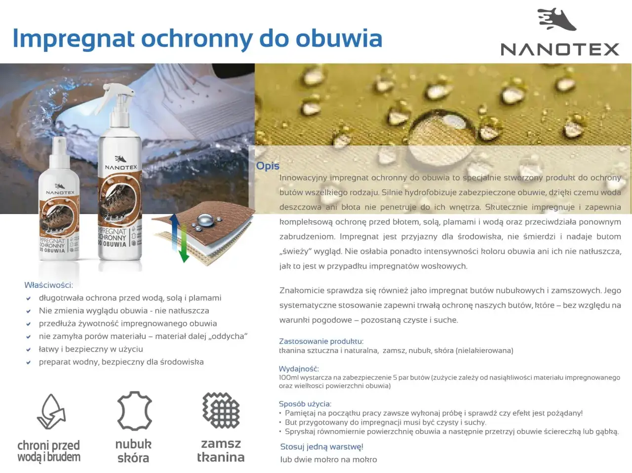 Impregnacja butów Nanotex chroni przed wodą, solą i brudem. Skutecznie zabezpiecza obuwie, nie zmieniając jego wyglądu. Idealny do nubuku i zamszu.