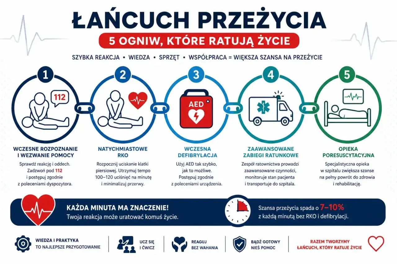 Pięć ogniw łańcucha ratunkowego: rozpoznanie, RKO, AED, zaawansowane zabiegi i opieka szpitalna. Każda minuta się liczy!
