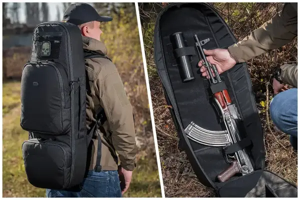 Czarna torba taktyczna z karabinem AK-47 w środku. Idealna do przenoszenia sprzętu w trudnych warunkach.